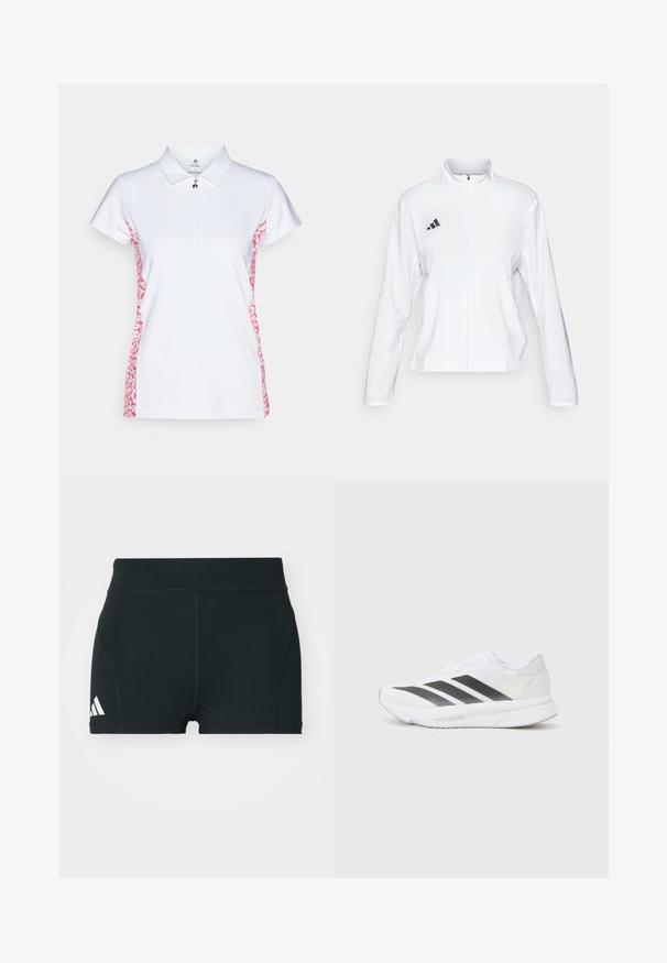 adidas Performance ADIZERO ESSENTIALS - Runningjack - white; Witte polo met korte mouwen, voorzien van een ritskraag en een roze abstract patroon aan de zijkanten. Gemaakt van gestructureerde stof.; Zwarte sportieve shorts van rekbaar materiaal, met een hoge tailleband, aangesloten pasvorm en een wit Adidas-logo aan de linkerkant.; Witte sportschoen met zwarte diagonale strepen, bovenwerk van gaas, ronde neus en gestructureerde zool. Accenten zijn onder andere een zilveren hak en een minimalistisch ontwerp.