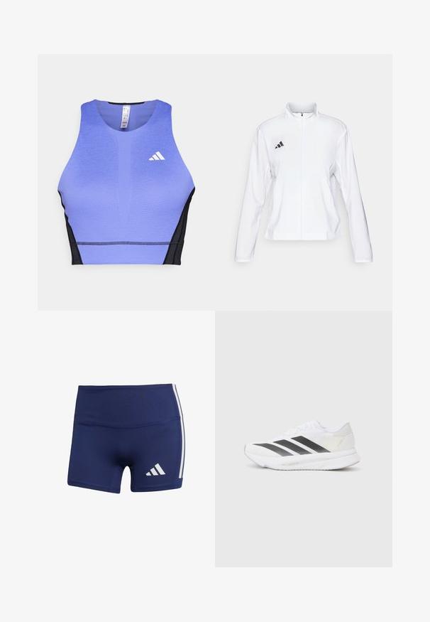 adidas Performance ADIZERO ESSENTIALS - Runningjack - white; Paarse sport crop top met een gestructureerd oppervlak, zwarte zijpanelen en een wit logo op de linkerkant van de borst. Atletisch ontwerp met een ronde hals. ; Donkerblauwe sportshorts met een strakke pasvorm, gemaakt van gladde stof, met witte zijstrepen en een logo op de linkeronderzijde.; Witte sportschoen met zwarte diagonale strepen, bovenwerk van gaas, ronde neus en gestructureerde zool. Accenten zijn onder andere een zilveren hak en een minimalistisch ontwerp.