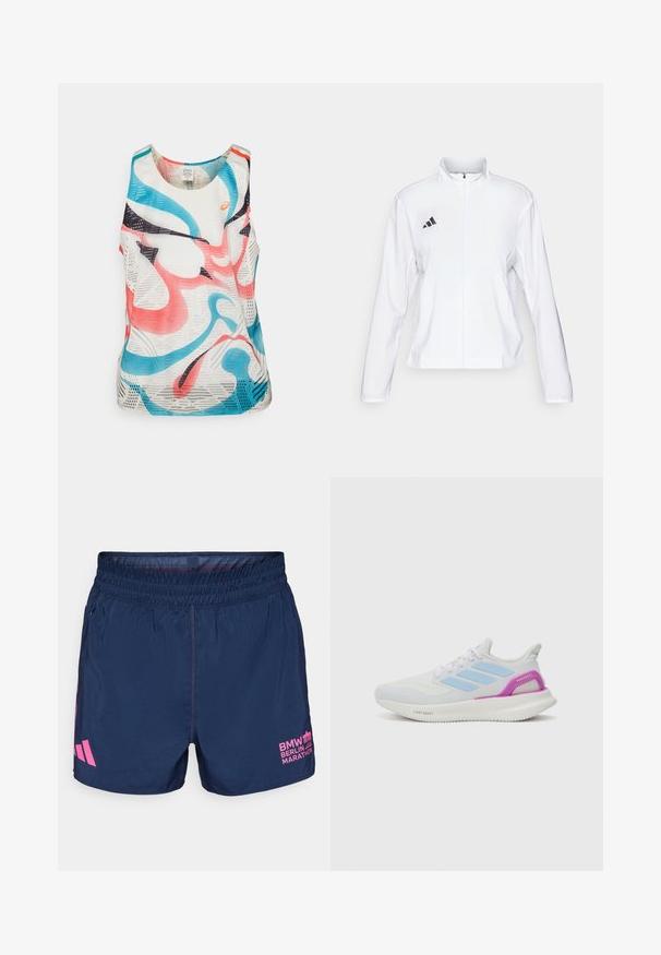 adidas Performance ADIZERO ESSENTIALS - Laufjacke - white; Ärmelloses Sport-Tanktop aus atmungsaktivem Netzgewebe. Verfügt über abstrakte Muster in Pink, Blau und Schwarz vor einem weißen Hintergrund.; adidas Performance BER25 OTR SHORTS - Kurze Sporthose - collegiate navy; adidas Performance PUREBOOST 5 - Laufschuh Straße - white/glow blue/purple burst