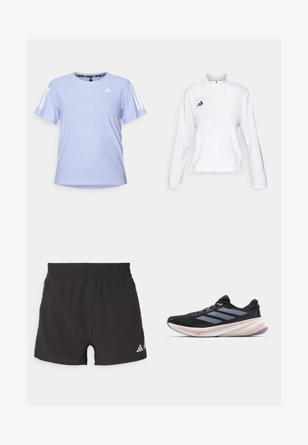 adidas Performance ADIZERO ESSENTIALS - Løpejakke - white; Lys lilla treningsskjorte laget av teksturert stoff. Har kort erm, hvite tre-stripes accenter og en liten logo på brystet.; Svart treningshorts laget av lett materiale. Har elastisk midje, sidelomme med glidelås og et reflekterende logo på kanten.; Svart løpesko med mesh-overdel, lyse lilla detaljer og tre horisontale grå striper. Har en polstret såle for komfort.