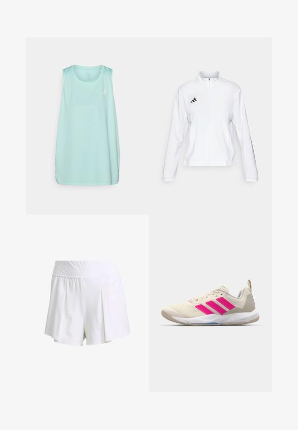 adidas Performance ADIZERO ESSENTIALS - Veste de running - white; Débardeur de sport sans manches bleu clair avec un col rond et un petit logo blanc à l'avant. Fabriqué en tissu lisse et évacuant l'humidité.; Shorts de sport blancs avec une taille élastique, un design plissé et un tissu lisse et léger. Convient pour les activités sportives.; Baskets de sport beiges avec un logo à trois bandes roses, tige en maille texturée, col rembourré et semelle en caoutchouc blanc, arborant le marquage "LIGHTSTRIKE".
