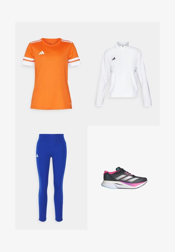 adidas Performance ADIZERO ESSENTIALS - Juoksutakki - white; Oranssi urheilupaita, jossa on valkoiset ja oranssit raidalliset hihat, valmistettu sileästä kankaasta. Rinnassa on valkoinen Adidas-logo.; Sinisiä urheiluhousuja, joissa on korkea vyötärö, valmistettu joustavasta materiaalista, vasemmassa lantiossa valkoinen logo ja huomaamattomat saumat.; Juoksukengät, joissa on harmaa verkkopinta, vaaleanpunaiset yksityiskohdat ja valkoiset raidat. Varustettu pehmeällä pohjalla ja tyylikkäällä, aerodynaamisella muotoilulla.
