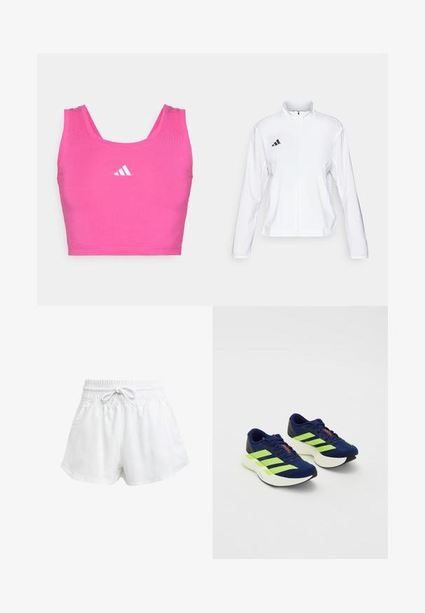 adidas Performance ADIZERO ESSENTIALS - Běžecká bunda - white; Růžový sportovní crop top vyrobený z elastického materiálu. Má zaoblený výstřih a široké ramínka. Na přední straně se nachází bílé logo Adidas.; Bílé sportovní kraťasy s elastickým pasem a nastavitelnou šňůrkou. Vyrobené z lehkého materiálu, s bočními kapsami a volným střihem.; Námorně modré běžecké boty s neonově zelenými pruhy, texturovaný svršek, polstrovaná bílá podrážka, šněrovací design a červený akcent na jazyku.