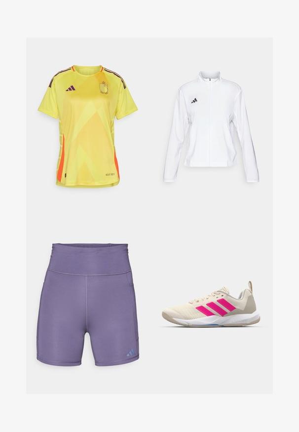 adidas Performance ADIZERO ESSENTIALS - Løbejakker - white; Lys gul kortærmet trøje med vinklede mønstre, lilla skulderstriber og orange accenter. Har "HEAT.RDY" branding.; Lilla atletiske shorts med høj talje, glat tekstur og kontrasterende blå logo nederst til venstre. Har flade sømme.; Beige sportsko med pink tre-stribede logo, tekstureret mesh overdel, polstret krave og hvid gummisål, med "LIGHTSTRIKE" branding.