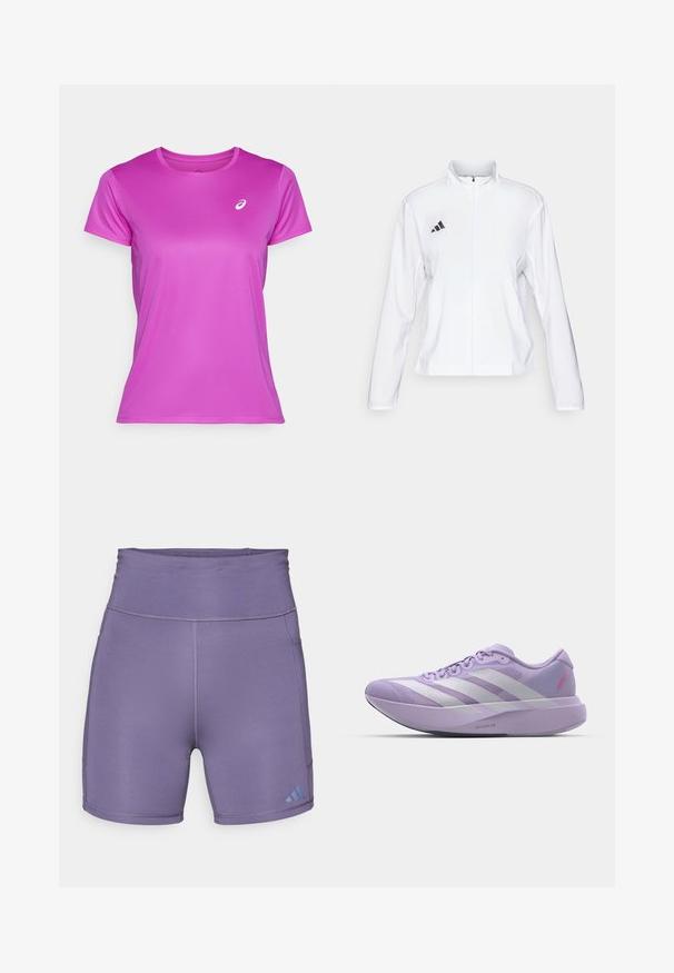 adidas Performance ADIZERO ESSENTIALS - Jachetă sport - white; ASICS CORE TOP - Bluză sport - bold magenta; Pantaloni scurți atletici violete cu o talie înaltă, textură netedă și un logo albastru contrastant în partea stângă jos. Prezintă cusături flatlock.; Schi de alergare violete deschis, cu un superior din plasă, design cu trei dungi albe, finisaj texturat și o talpă intermediară groasă etichetată "LIGHTSTRIKE PRO."