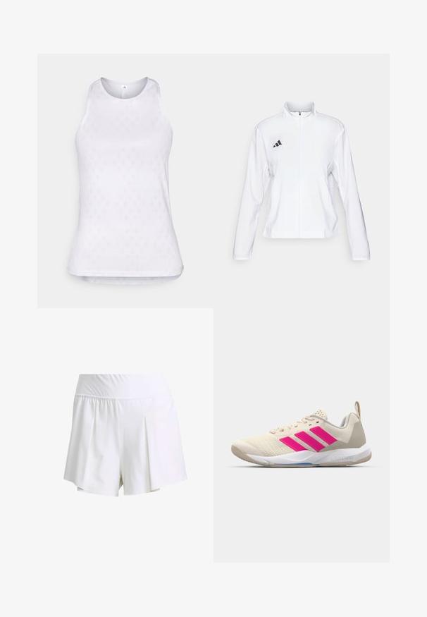 adidas Performance ADIZERO ESSENTIALS - Spordijope - white; Valge ilma varrukateta sporditops, mis on valmistatud sõmerast kangast ja millel on kogu pinnal tekstuuriga teemantmuster ning ümar kaelus.; Valged sportlikud lühikesed püksid, millel on elastne vöökoht, kortsusdisain ja sile, kerge kangas. Sobivad aktiivseks kandmiseks.; Beige spordijalanõud roosa kolme triibu logoga, tekstureeritud võrkkangas peal, polsterdatud sääreosa ja valge kummist tallaga, kus on "LIGHTSTRIKE" bränd.