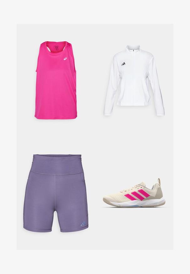 adidas Performance ADIZERO ESSENTIALS - Löparjacka - white; Rosa atletisk linne med ärmlös design, rund halsringning och en logotyp på framsidan. Tillverkat av lätt och ventilerande tyg.; Lila träningsshorts med hög midja, slät textur och kontrasterande blå logotyp längst ner till vänster. Har platta sömmar.; Beige idrottssko med rosa tre-stripes logotyp, texturerad meshöverdel, vadderad krage och vit gummisula, med "LIGHTSTRIKE"-branding.
