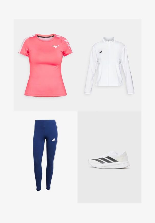 adidas Performance ADIZERO ESSENTIALS - Laufjacke - white; Rosa Sportshirt aus glattem, atmungsaktivem Material. Mit kurzen Ärmeln, Rundhalsausschnitt und einem weißen Logo auf der Brust und den Ärmeln.; Dunkelblaue Leggings mit weißen Seitenstreifen und einem Markenlogo am unteren Bein. Hergestellt aus elastischem Material für Komfort und Bewegungsfreiheit.; Weißer Sportschuh mit schwarzen diagonalen Streifen, Mesh-Obermaterial, abgerundetem Zehenbereich und strukturiertem Profil. Akzente sind ein silberner Heel und ein minimalistisches Design.