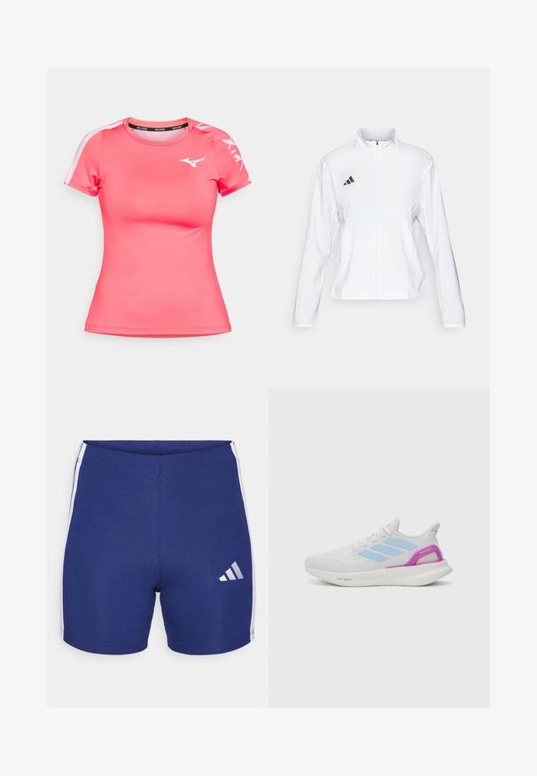 adidas Performance ADIZERO ESSENTIALS - Veste de running - white; T-shirt de sport rose en tissu lisse et respirant. Il possède des manches courtes, un col rond et un logo blanc sur la poitrine et les manches.; Shorts de sport bleu marine en tissu extensible avec des bandes latérales blanches et un logo Adidas réfléchissant sur la jambe gauche.; adidas Performance PUREBOOST 5 - Chaussures de running sur route - white/glow blue/purple burst