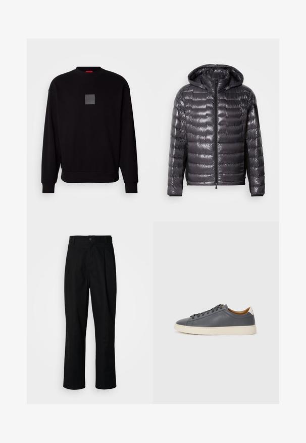 Casaco puffer acolchoado preto e brilhante, com fecho frontal, capuz e bolso com zíper na manga esquerda, exposto sobre fundo simples.; Sweatshirt preto com mangas longas, gola redonda, um logótipo cinza em forma de quadrado na frente, textura suave e punhos e barra canelados.; Calças pretas de perna reta com uma cintura abotoada, passantes para cinto e vinco frontal, expostas contra um fundo branco liso.; Sapatilha de couro cinza com biqueira redonda, sola de borracha, atacadores planos e detalhes de cor clara no calcanhar. Textura suave e design minimalista.