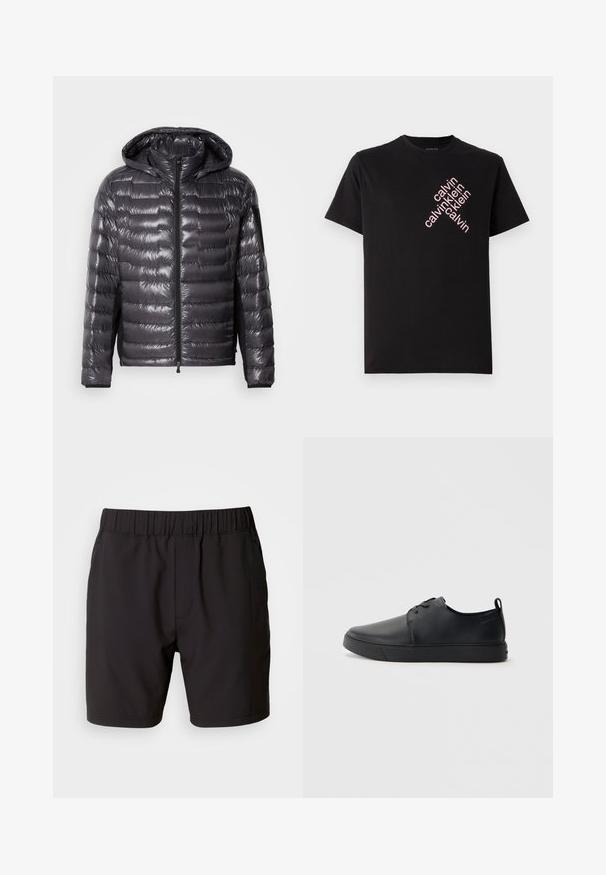 Črna sijoča kviltana puffer jakna s prednjim zadrgo, kapuco in žepom z zadrgo na levem rokavu, prikazana na enostavni podlagi.; Črna bombažna majica s kratkimi rokavi, ki ima diagonalno roza logotip "calvin klein" natisnjen na sprednji strani. Ima okroglo izrez.; Črne kratke hlače iz elastičnega materiala, ki imajo elastičen pas, stranske žepe in preprost, čist dizajn. Brez vzorcev ali dodatkov.; Črne usnjene športne čevlje z gladko površino, okroglo oblikovano nosilo, toniranim šivanjem, vezanjem spredaj in ravnim gumijastim podplatom. Zanko na peti.