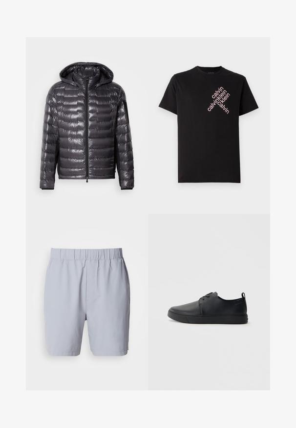Giacca a vento nera lucida, trapuntata, con zipper frontale, cappuccio e tasca con zip sulla manica sinistra, esposta su uno sfondo neutro.; T-shirt in cotone nero con stampa diagonale del logo "calvin klein" in rosa sul davanti. Maniche corte e scollo rotondo.; Costumi da bagno grigi chiari con vita elasticizzata, due tasche laterali e un tessuto morbido e leggero. Nessun motivo o decorazione visibile.; Sneaker in pelle nera con finitura liscia, punta arrotondata, cuciture tono su tono, chiusura con lacci frontale e suola piatta in gomma. Anello sul tallone.