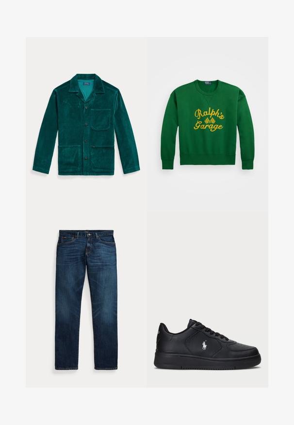 Teal corduroy jacket with a lapel collar, button front, long sleeves, two front pockets, and a chest pocket. Features ribbed texture.; Green sweatshirt with a rounded neckline, featuring yellow embroidered text "Ralph’s Garage" and checkered flag details. Cotton blend material.; Dark blue denim jeans with slight fading on thighs and pockets, button and zip closure, and five-pocket design laid flat on white background.; Black leather sneakers with a perforated design, flat lace-up closure, and a white embroidered logo on the side. Thick black rubber sole.