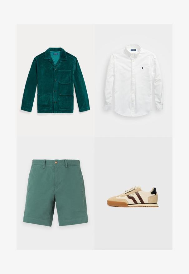 Casaco de veludo cotelê em tom verde-água, com colarinho de lapela, botão frontal, mangas longas, dois bolsos frontais e um bolso no peito. Apresenta textura ribete.; Camisa branca de botão, feita de algodão. Apresenta um colarinho pontudo, mangas longas e um pequeno logótipo azul-marinho no peito. Textura suave.; Calções verdes de algodão com corte reto, com fecho de botão e passantes para cinto. Textura suave, comprimento até ao joelho, sem padrões nem detalhes.; GANT BAYLLE - Sapatilhas - sand