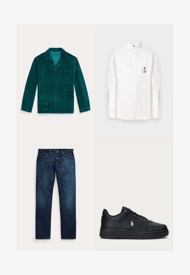 Casaco de veludo cotelê em tom verde-água, com colarinho de lapela, botão frontal, mangas longas, dois bolsos frontais e um bolso no peito. Apresenta textura ribete.; Camisa branca de mangas longas, com botão, feita de uma mistura de algodão, apresentando um bolso no peito com um design bordado colorido, colarinho padrão e barra arredondada.; Jeans de ganga azul escuro com ligeiro desbotamento nas coxas e bolsos, fecho de botão e zíper, e design de cinco bolsos dispostos sobre um fundo branco.; Sapatilhas pretas em couro com um design perfurado, fecho de atacadores plano e um logótipo bordado branco de lado. Sola grossa em borracha preta.