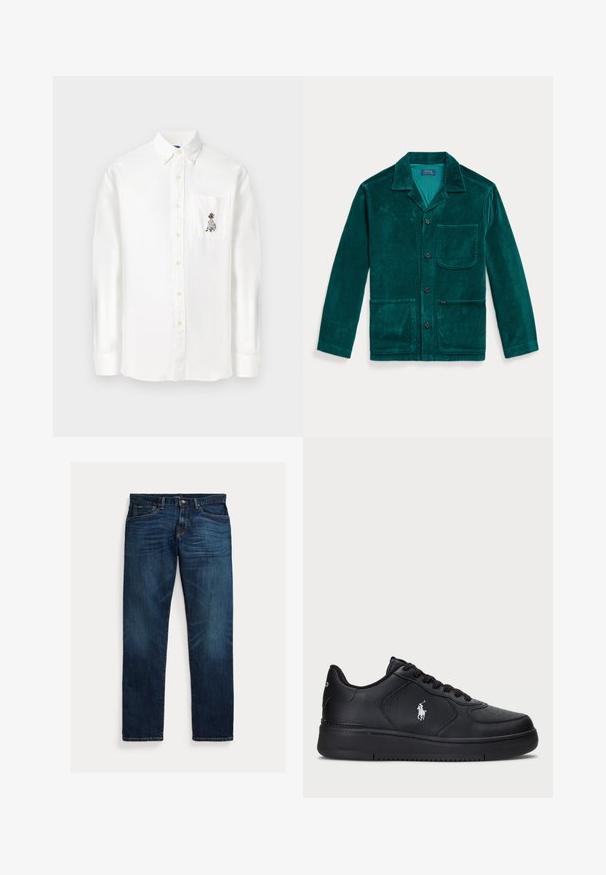 Tirkīza krāsas korduroja žakete ar apvalku, pogu aizdari, garām piedurknēm, divām priekšējām kabatām un krūšu kabatu. Iezīmējas ar ribotu struktūru.; Balta garās piedurknes pogājamā krekls, kas izgatavots no kokvilnas maisījuma, ar krūšu kabatu ar krāsainu izšuvumu, standarta apkakli un noapaļotu apakšmali.; Tumši zili džinsi ar taisnu kāju griezumu, ar maigi izbalinātiem rakstiem, oranžiem diegiem un klasisku piecu kabatu dizainu.; Melni ādas sporta apavi ar perforētu dizainu, plakanu auklu aizdari un baltu izšūtu logotipu sānos. Resna melna gumijas zole.