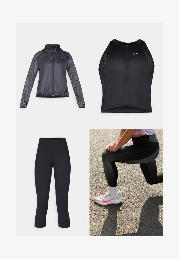 Čierna športová bunda so zipsom vpredu, textúrované sieťované rukávy s bodkovanými vzormi a vysokým golierom. Navrhnutá na športové aktivity.; Čierny športový crop top so zipsom vpredu, sieťovými prvkami a priliehavým strihom. Vyrobený z pružného, priedušného materiálu. Logo Nike na prednej strane.; Čierne skrátené legíny vyrobené z elastického materiálu, s vysokým pásom a hladkou textúrou, bez viditeľných vzorov alebo kovania.; Nike Performance PEGASUS PLUS - Cestná bežecká obuv - barely grey/hot punch/white/black