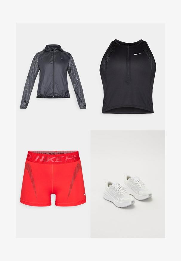 Chaqueta atlética negra con cremallera frontal, mangas de malla texturizada con patrones de puntos y un cuello alto. Diseñada para ropa de actividad.; Top corto deportivo negro con cremallera frontal, detalles de malla y un diseño ajustado. Fabricado con tejido elástico y transpirable. Logo de Nike en la parte frontal.; Shorts deportivos rojos con un diseño ajustado, cinturilla elástica y acentos en franjas diagonales grises. Fabricados con un tejido elástico y suave.; Zapatillas deportivas blancas con parte superior de malla texturizada, suela acolchada y sutiles acentos grises. Incluye un logotipo y una pestaña en el talón para facilitar su uso.