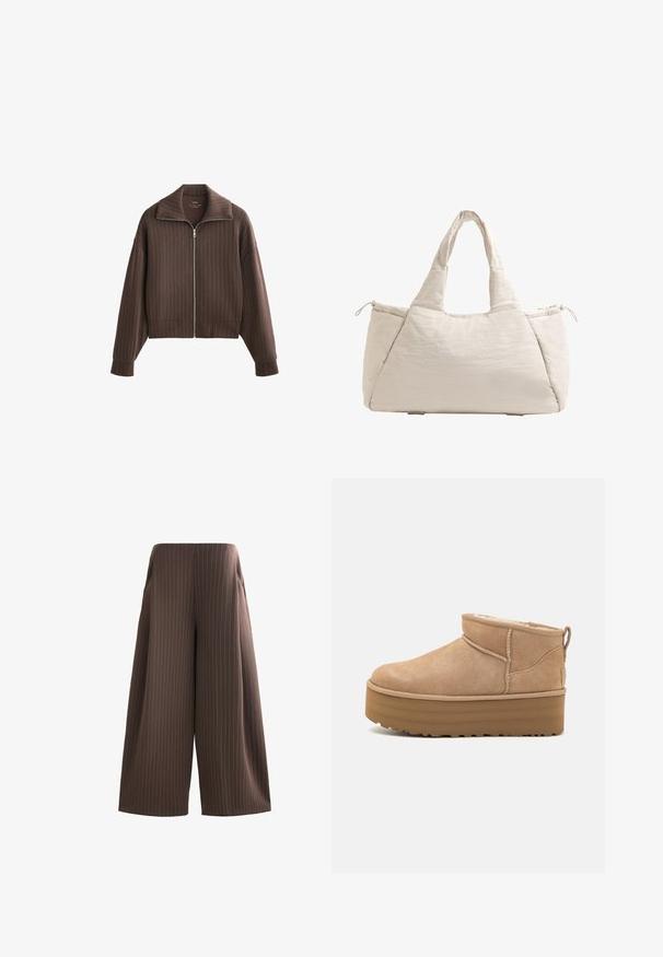Giacca marrone con zip, colletto ampio e maniche lunghe, caratterizzata da righe verticali e un design accorciato. Tessuto morbido con una texture liscia.; Maglione a collo alto crema, con colletto e polsini a costine, morbido al tatto, vestibilità rilassata, fessure laterali e orlo posteriore leggermente più lungo.; Pantaloni larghi marroni con righe bianche verticali, dotati di tasche laterali e una finitura liscia. Vita piatta senza hardware visibile.; Stivaletti alla caviglia in suede beige con un interno morbido, dotati di suola platform e di una linguetta sul retro per una facile indossabilità. Suola in gomma texturizzata.; Borsa a tote beige trapuntata con due manici, forma arrotondata, tessuto testurizzato e tasca laterale con coulisse. Finitura liscia, design minimale.