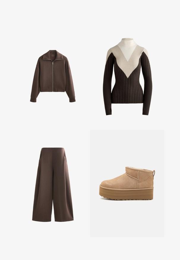 Bruine zip-up jas met een brede kraag en lange mouwen, voorzien van verticale streepjes en een cropped ontwerp. Zachte stof met een gladde textuur.; Geribbelde gebreide coltrui in beige, crème en donkerbruin. Voorzien van een V-vormig kleurblokdesign en een aansluitend silhouet.; Bruine wijde broek met verticale witte streepjes, voorzien van zijzakken en een gladde textuur. Platte tailleband zonder zichtbaar beslag.; Beige suède enkellaarsjes met een pluche binnenvoering, voorzien van een plateauzool en een trekhaak aan de achterkant voor gemakkelijk aantrekken. Gemêleerde rubberen zool.