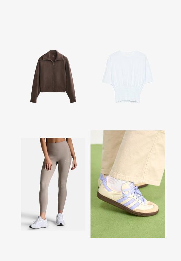 Bruine zip-up jas met een brede kraag en lange mouwen, voorzien van verticale streepjes en een cropped ontwerp. Zachte stof met een gladde textuur.; Witte T-shirt met korte mouwen in een relaxte pasvorm en gerimpelde textuur bij de taille. Gemaakt van zachte, lichtgewicht stof.; Beige hoge taille legging met een geribbelde tailleband, een gladde textuur en subtiele stikdetails. Gecombineerd met witte sportschoenen.; Crème- en lavendel-sneakers met drie strepen en een gestructureerde bruine zool, voorzien van veters en een gewatteerde hiel. Zachte stoffen bovenkant.