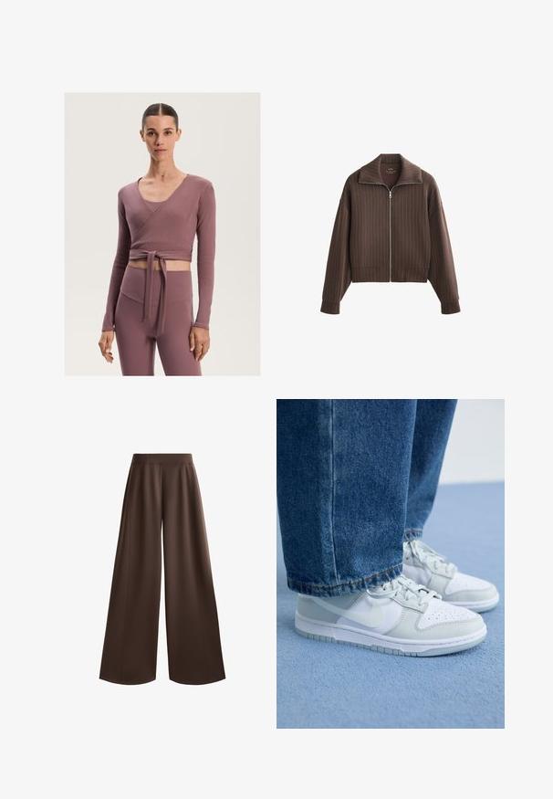 Rjava jakna na zadrgo s širokim ovratnikom in dolgimi rokavi, ki ima navpične črte in skrajšan dizajn. Mehka tkanina z gladko teksturo.; Ženski zgoraj v prahu vijolični barvi, z dolgimi rokavi in trakom v pasu, v kombinaciji z visokim pasom ujemajočimi leginami.; Široke hlače v enotni temno rjavi barvi, z gladko teksturo, visokim pasom in sprednjimi naborniki za dodatne oblikovalske podrobnosti.; Nike superge v beli in svetlo sivi usnjeni izvedbi s perforiranim prstom, ravnimi vezalkami in gumijastim podplatom, v kombinaciji z modrimi kavbojkami.