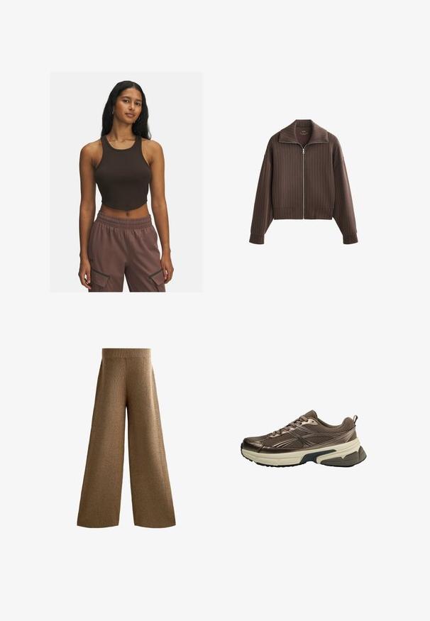 Giacca marrone con zip, colletto ampio e maniche lunghe, caratterizzata da righe verticali e un design accorciato. Tessuto morbido con una texture liscia.; Top corto a coste marrone con scollatura tonda e cuciture minime, abbinato a pantaloni marroni chiari con tasche laterali e cintura elastica.; Pantaloni in maglia a gamba larga marroni con una vita a coste, tessuto testurizzato e cuciture laterali che si estendono fino all'orlo, offrendo una vestibilità rilassata.; Scarpa sportiva marrone con parte superiore in rete, accenti metallici, spessa suola intermedia bianca e suola nera testurizzata. Presenta lacci e una linguetta.