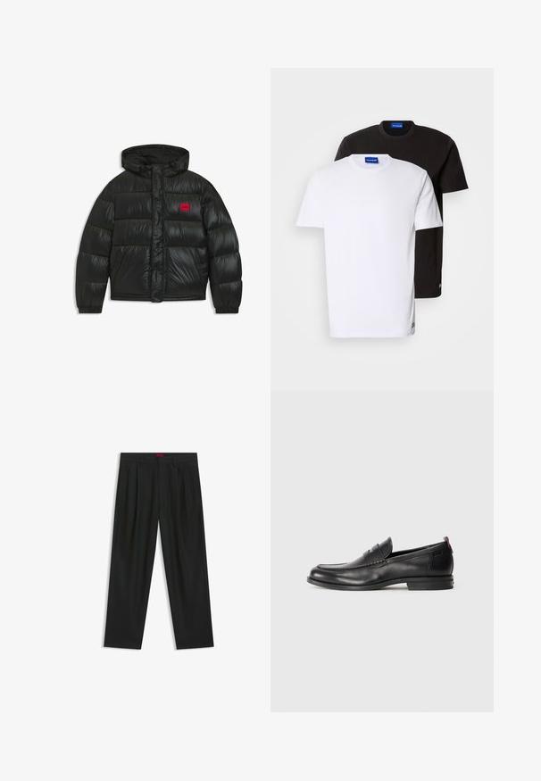 Black puffer jacket with hood, elastic cuffs, two front pockets, and red rectangular patch with "HUGO" logo on chest.; Two T-shirts stacked: one white and one black. Short sleeves, round necklines, cotton fabric. Features a small blue logo at the neckline.; Black trousers with a pleated design, wide leg shape, and a smooth texture. Features a red waistband tag.; Black leather loafers with a rounded toe, stitched detailing, and a small red accent at the heel. Low-profile rubber sole.