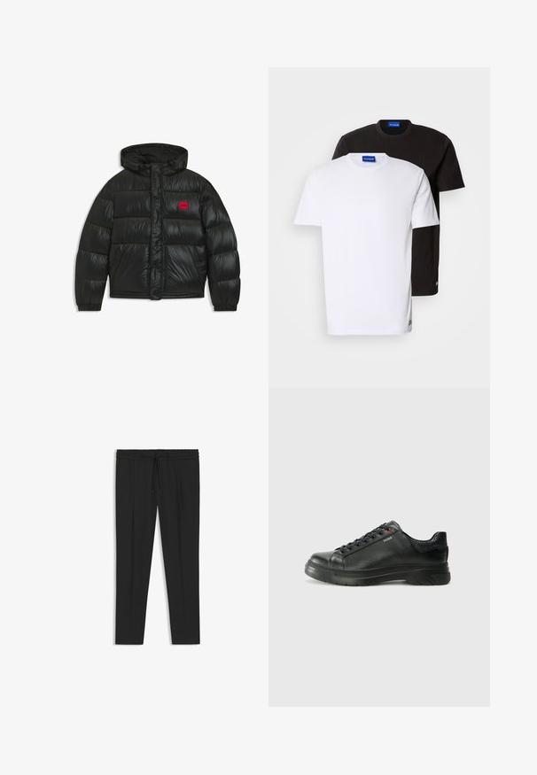 Giubbotto invernale nero con cappuccio, polsini elasticizzati, due tasche frontali e toppe rettangolari rosse con il logo "HUGO" sul petto.; Due magliette impilate: una bianca e una nera. Maniche corte, scollature rotonde, tessuto di cotone. Presentano un piccolo logo blu sul colletto.; Pantaloni neri con elastico in vita e cordino. Vestibilità slim con tasche laterali e un tessuto liscio e leggero.; Sneaker nera in pelle con superficie testurizzata, collo imbottito e dettaglio logo rosso. Presenta una suola in gomma spessa con un motivo di battistrada distintivo.