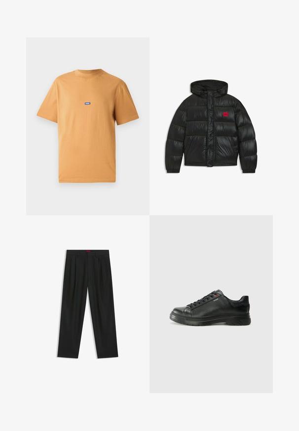 Black puffer jacket with hood, elastic cuffs, two front pockets, and red rectangular patch with "HUGO" logo on chest.; Orange cotton T-shirt with a round neck and short sleeves, featuring a small blue "HUGO" logo patch on the chest. Smooth texture.; Black trousers with a pleated design, wide leg shape, and a smooth texture. Features a red waistband tag.; Black leather sneaker with textured upper, padded collar, and red logo detail. Features a thick rubber sole with distinct tread pattern.