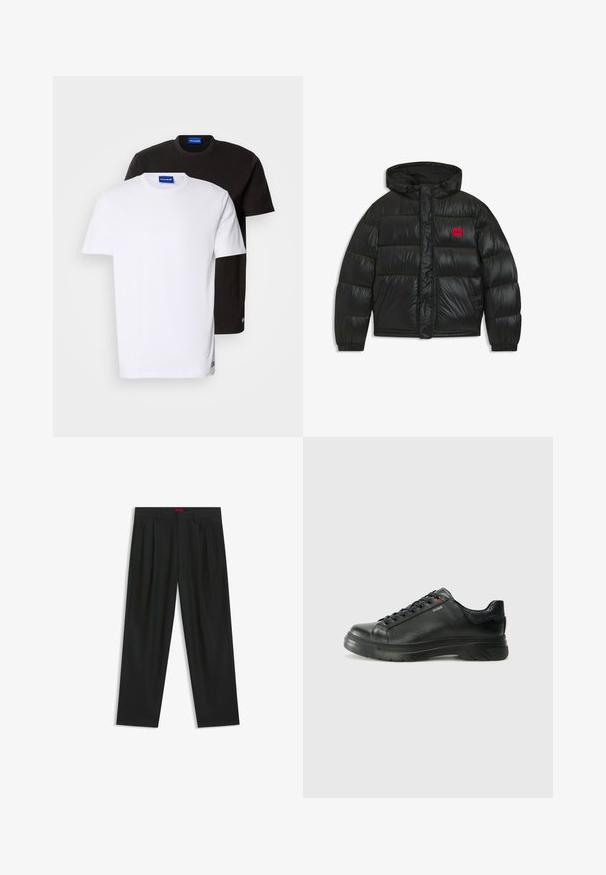 Black puffer jacket with hood, elastic cuffs, two front pockets, and red rectangular patch with "HUGO" logo on chest.; Two T-shirts stacked: one white and one black. Short sleeves, round necklines, cotton fabric. Features a small blue logo at the neckline.; Black trousers with a pleated design, wide leg shape, and a smooth texture. Features a red waistband tag.; Black leather sneaker with textured upper, padded collar, and red logo detail. Features a thick rubber sole with distinct tread pattern.