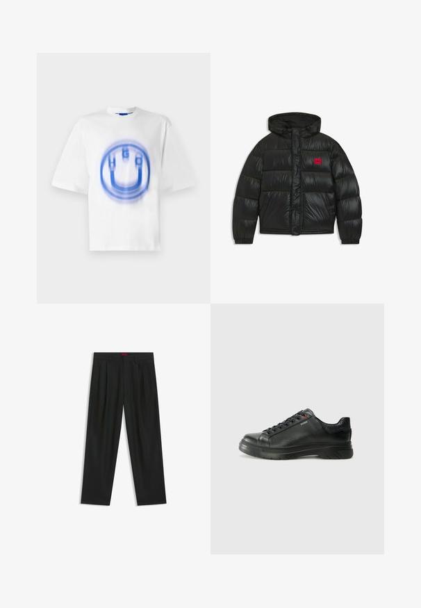 Svart puffjacka med huva, elastiska ärmslut, två framfickor och röd rektangulär patch med "HUGO"-logotyp på bröstet.; Vit bomull t-shirt med en blå grafisk design av bokstäverna "HUGO" och en cirkelform, med en lätt suddig effekt.; Svarta byxor med vikta detaljer, bred benform och en slät textur. Har en röd midjebandsetikett.; Svart lädersneaker med texturerad ovandel, vadderat krage och röd logotypdetalj. Utrustad med en tjock gummisula med distinkt mönster.