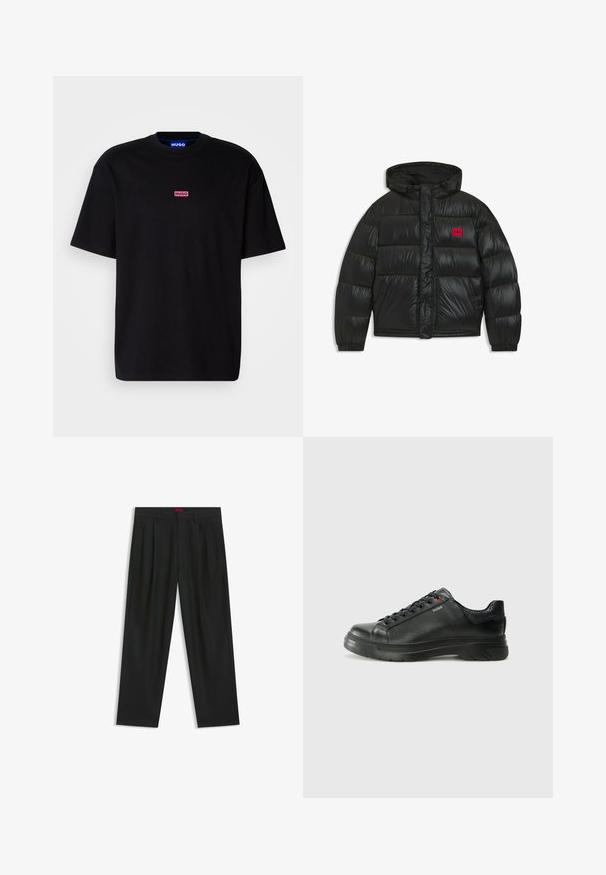Mustapuffer takki hupulla, elastisilla hihansuilla, kahdella etutaskulla ja punaisella suorakaiteen muotoisella tikkulla, jossa on "HUGO"-logo rinnassa.; Musta puuvillapaita, jossa on pyöreä kaula-aukko, lyhyet hihat ja vaaleanpunainen suorakulmainen "HUGO" -logo rinnassa.; Mustat housut, joissa on poimutettu muotoilu, leveä lahjetyyppi ja sileä pinta. Varustettu punaisella vyötärötagilla.; Musta nahkakengät, joissa on teksturoidun pinnan, pehmustettu kaulus ja punainen logo. Kengissä on paksu kumipohja, jossa on selkeä uramalli.