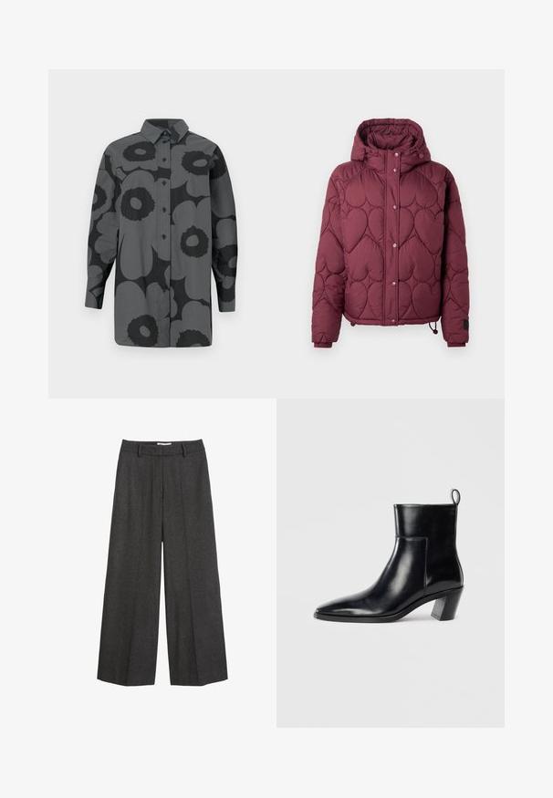 Vínová zateplená bunda s kapucňou, so srdcovo tvarovaným prešívaním, prednými cvokmi a elastickými manžetami s nastaviteľnou šnúrkou na spodnom leme.; Halenka s gombíkmi v sivej látke so širokými čiernymi kvetinovými vzormi. Obsahuje golier a dlhé rukávy s gombíkovými manžetami.; Široké nohavice v tmavošedej tkanine. Obsahujú priliehavý pás so slučkami na opasok, hladkú textúru a minimálne vyšívané detaily.; Čierna kožená členková čižma s špicatou špičkou, geometricky tvarovaným podpätkom a pútkom na zadnej strane. Hladká textura a elegantný dizajn.