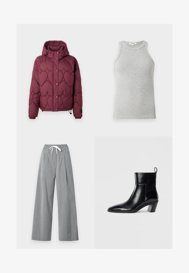 Doudoune bordeaux avec capuche, présentant un design matelassé en forme de cœur, des boutons-pression à l'avant et des poignets élastiques avec cordon de serrage réglable à l'ourlet.; Débardeur gris à côtes avec un design ajusté, des emmanchures larges et une encolure arrondie. Fabriqué en coton doux avec une texture lisse.; Pantalons gris à jambes larges en tissu léger, avec un devant plissé et une taille élastique dotée d'un cordon de serrage blanc.; Bottine en cuir noir avec un bout pointu, un talon empilé géométrique et une languette à l'arrière. Texture lisse et design épuré.