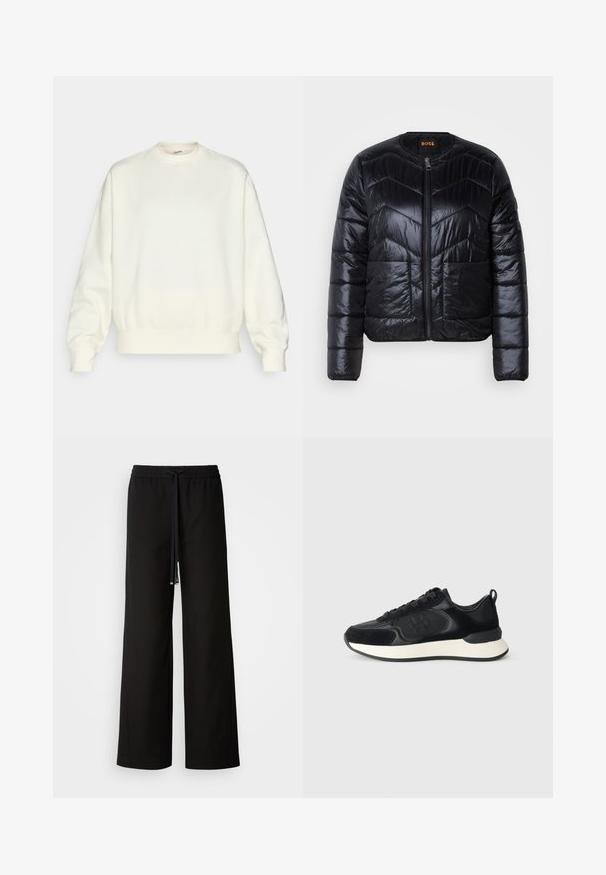 Giacca bomber nera imbottita con design a diamante trapuntato, chiusura frontale con zip e due tasche laterali. Il tessuto ha una finitura lucida.; Felpa di colore crema realizzata in morbido tessuto. Presenta un collo rotondo, spalle scese e polsini e orlo a costine. Design semplice senza pattern.; BOSS TILDINA - Pantaloni - black; Scarpa sportiva nera con tomaia in pelle liscia, dettagli in camoscio, punta rotonda e suola intermedia bianca a contrasto. Presenta chiusura con lacci e dettaglio del logo.