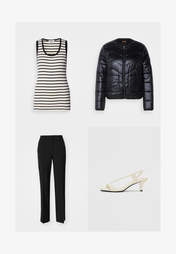 Crna, podstavljena bomber jakna s kvadratnim chevron motivom, prednjim patentnim zatvaračem i dva bočna džepa. Materijal ima sjajnu završnu obradu.; Majica bez rukava s crno-bijelim horizontalnim prugama, rebrastom teksturom i zaobljenim izrezom. Crni rub oko ramena i izreza.; Crne krojene hlače ravnog kroja, s glatkom teksturom i oštrim pregibima naprijed. Bez vidljivih metalnih dijelova.; Bež sandale na blok petu s tankim remenčićima i kvadratnim vrhom. Glatki materijal s minimalnim detaljima, dizajnirane za jednostavno nošenje.