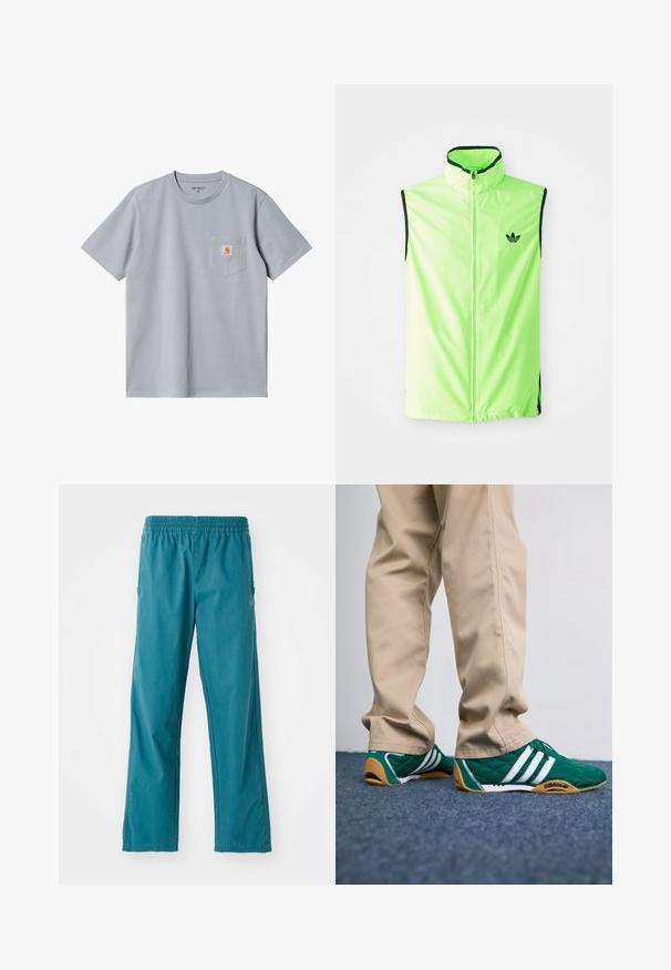 Neoon roheline ilma varrukateta sportlik vest, millel on eesne tõmblukk, kõrge krae ja mustad aksessuaarid, ning vasakul rinnal väike must logo.; Hall hall harjas on lühikeste varrukatega, ümar kaelus ja rinnatasku, kus on väike oranž logo silt. Sile tekstuur, lõdva disain.; Teal värvi kerged püksid, millel on elastne vöökoht ja sirge lõige koos küljetaskutega.; Roheline tikandiga spordijalats, millel on valged triibud ja pruun kummitald, koos beežide pükstega. Disainil on madal profiil ja tekstureeritud materjal.
