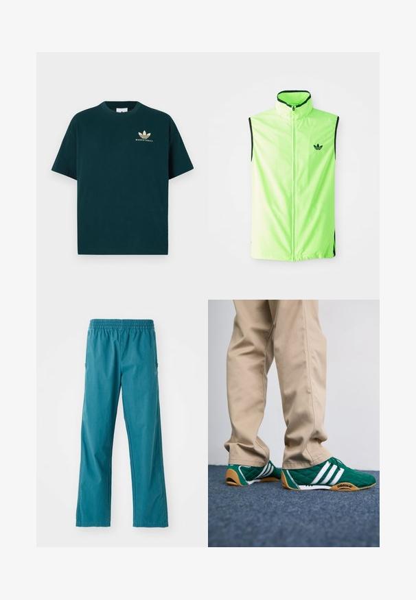 Neon žalia be rankovių sportinė liemenė su priekiniais užtrauktuvais, aukštu apykakle ir juodais akcentais, su mažu juodu logotipu ant kairiojo krūtinės.; Tamsiai žalias medvilnės marškinėliai su apvaliu kaklu, trumpomis rankovėmis ir auksiniu atspaudiniu, kuriame pavaizduoti trys lapai ir žodis "KREPSINIS".; Tamsiai mėlynos spalvos kelnės, pagamintos iš lengvos medžiagos, su elastine juosta ir tiesiu kirpimu, su šoninėmis kišenėmis.; Žalios siūtos sportbačiai su baltais dryžiais ir rudomis guminėmis padais, derinami su smėlio spalvos kelnėmis. Dizainas pasižymi žemu profiliu ir tekstūruota medžiaga.