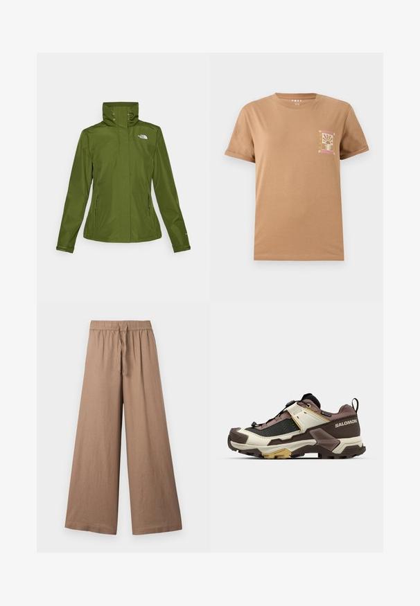 Vízálló zöld kabát magas gallérral, cipzáras oldalsó zsebekkel és rugalmas mandzsettákkal. A bal felső elülső részen kis logó található.; Barna pamut póló rövid ujjakkal. A bal mellrészen egy naplementét ábrázoló, kicsi, színes grafika található.; Széles szárú nadrág világosbarna anyagból, elasztikus derékkal és húzózsinórral, sima, texturált felülettel.; Salomon túracipő, amely krém, barna és fekete anyagok keverékéből készült; textúrázott felsőrész, vastag gumitalp és állítható fűzőrendszer.