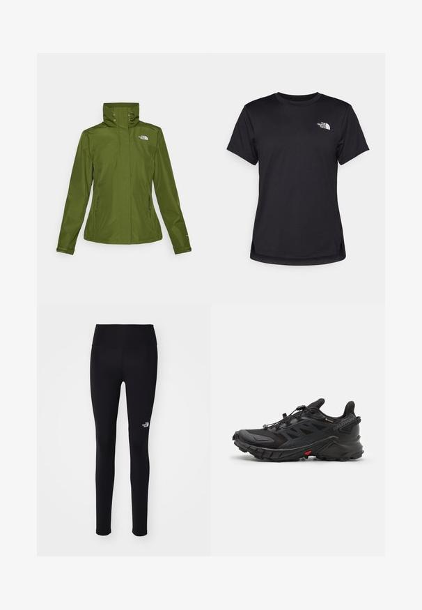 Wodoodporna zielona kurtka z wysokim kołnierzem, zamykanymi na zamek kieszeniami po bokach i elastycznymi mankietami. Posiada małe logo na górnej lewej części przodu.; The North Face FLEX  czarny; The North Face - Rajstopy; Czarne buty sportowe z teksturowaną cholewką, z systemem zabezpieczającym sznurówki, amortyzowaną podeszwą i wyraźnym czerwonym akcentem po boku.