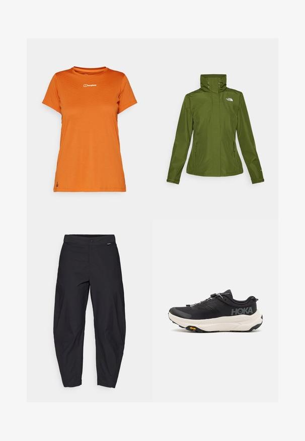 Corta-vento verde à prova d'água com colarinho alto, bolsos laterais com fecho e punhos elásticos. Apresenta um pequeno logótipo no canto superior esquerdo da frente.; T-shirt laranja de manga curta feita de tecido texturizado, com um pequeno logótipo branco no peito e uma barra reta.; Calças pretas, folgadas, com fecho de botão e bolsos laterais, exibidas sobre um fundo branco.; Ténis de desporto pretos com um cabedal em malha respirável, sola de borracha, entressola branca com amortecimento e atacadores refletivos. Logótipo Vibram na sola.