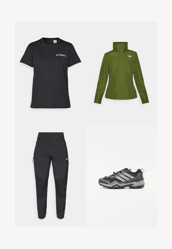 Veekindel roheline jakk kõrge kraega, lukuga küljetaskud ja elastsed mansetid. Esiküljel vasakul ülal on väike logo.; adidas Terrex MOUNTAIN TEE - Trükipildiga T-särk - black; Must black välitingimustes püksid, mis on valmistatud vastupidavast kangast. Omavad lukugaTaskuid, tugevdatud põlvepaneele ja sirget lõiget liikuvuse tagamiseks.; Mustalased ja hallid matkajalanõud tekstuurse pinnaga, kummist tald ning kolm silmapaistvat halli triipu küljel; varustatud kiire paelumise süsteemiga.