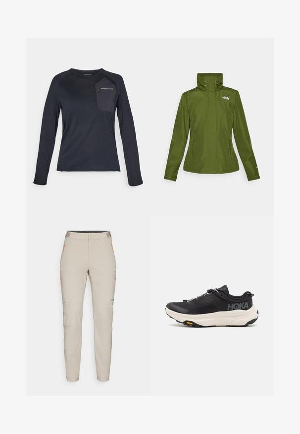 Giacca verde resistente all'acqua con colletto alto, tasche laterali con zip e polsini elasticizzati. Presenta un piccolo logo sulla parte anteriore sinistra in alto.; Camicia tecnica a maniche lunghe di un blu navy scuro, con un corpo testurizzato, tasca in tessuto a contrasto e logo Peak Performance sul petto.; Pantaloni cargo color beige chiaro realizzati in un materiale tessuto, dotati di due tasche frontali con cerniere arancioni e un design a gamba dritta.; Scarpe da ginnastica nere con tomaia in mesh traspirante, suola in gomma, intersuola bianca ammortizzante e lacci riflettenti. Logo Vibram sulla suola.