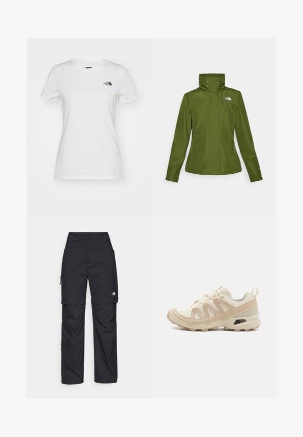 Ūdensnecaurlaidīga zaļa jaka ar augstu apkakli, rāvējslēdzēja sānu kabatām un elastīgām aprocēm. Rūpējas par nelielu logo kreisajā augšējā priekšpusē.; Balts kokvilnas T-krekls ar apaļu kaklu, īsām piedurknēm un mazu melnu logotipu kreisajā krūtīs. Gluda tekstūra un pielāgota forma.; Melni nailona bikses ar noņemamām kājām, regulējamiem uzmavām, vairākām kabatām un logotipu uz labās kājas. Gluda, viegla tekstūra.; Beige un krēma sporta apavi ar strukturētu tīkla virsmu, atbalstošajiem slāņiem un gumijas zoli ar protektoru rakstu, kas nodrošina saķeri.