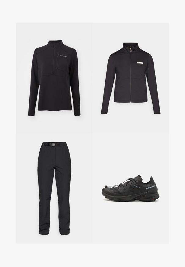 Juodas užtrauktukas švarkas, pagamintas iš lygios, lengvos medžiagos. Turinio aukštą apykaklę, ilgus rankovės ir mažą logotipą ant krūtinės.; Juodas ilgomis rankovėmis megztinis pagamintas iš tekstūruoto medžiagos, turintis pusiau užtrauktuką, aukštą apykaklę ir užtrauktuką su kišenę krūtinėje. Prekės ženklas ant priekio.; Juodos kelnės, pagamintos iš lygios, lengvos medžiagos. Turėtų juosmenį su integruotu diržu, priekinėmis kišenėmis ir tiesiomis kojomis.; Juodi bėgimo batai trail su tekstūruota viršutinė dalimi, tinklinėmis dalimis ir saugiai užsegamu sistemu. Turima tvirta pado struktūra, užtikrinanti sukibimą.