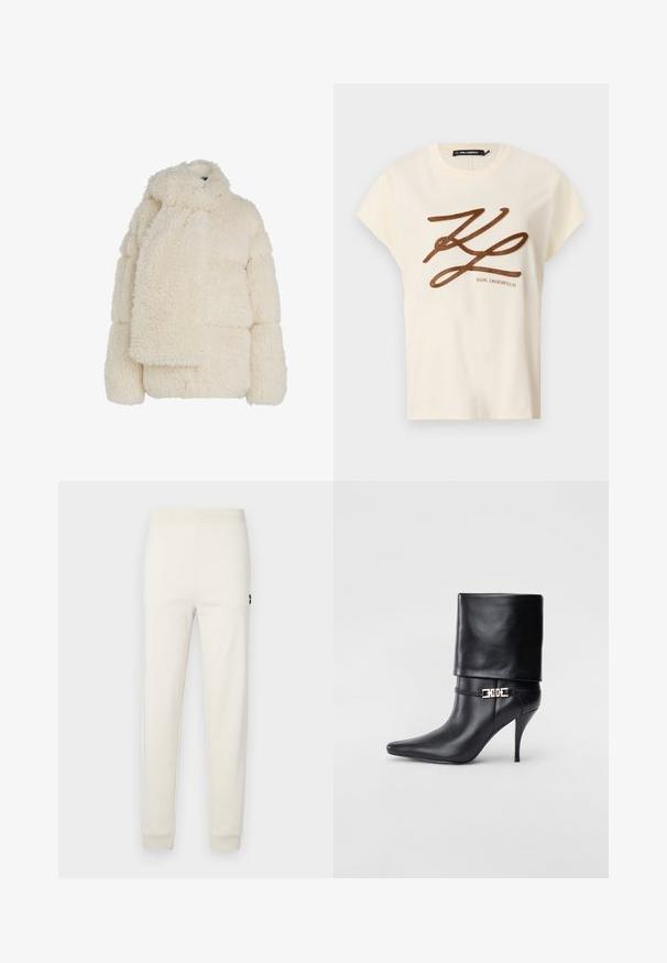 Kermainen tekoturkki takki korkealla kauluksella, puffertyyppinen muotoilu ja pitkä sopiva huivi. Rakenne on pehmeä ja materiaali on teksturoitu, muoto on laatikkomainen.; Kermanvärinen puuvillapaita, jossa on lyhyet hihat. Edessä on ruskea brodeerattu logo ja kirjoitussuunnittelu.; Valkoiset jogger-housut, jotka on valmistettu pehmeästä puuvillasta. Housuissa on joustava vyötärönauha ja kapeat lahkeet, sekä pieni logotiedosto sivulla.; Musta nahkasaapas nilkkapituudella, teräväkärkinen, korkea stiletto-korko, käännettävä varsi ja kultainen koristeellinen solki nilkassa.