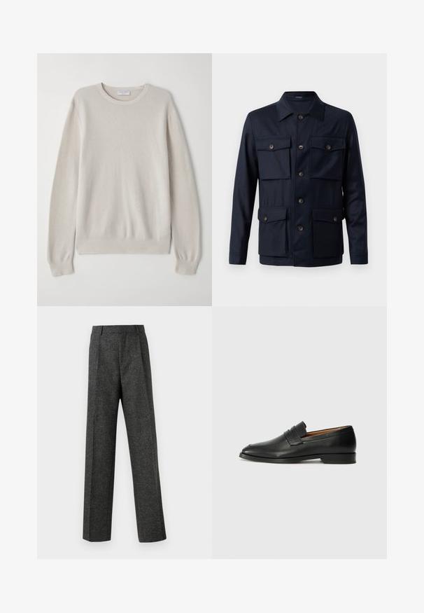 Tengerészkabát gombos elülső részel, négy elülső zsebbel, klasszikus gallérral és sima szövet textúrával. Barna gombokkal és testre szabott fazonnal rendelkezik.; Világos bézs pulóver, puha kötött anyagból készült. Kerek nyakkivágás, hosszú ujjak, bordás mandzsetták és szegély, finom textúrával.; Szürke, texturált anyagból készült, szabott nadrág, két elülső pliszével és egyenes lábbal. Nincsenek látható zsebek vagy díszítések.; Fekete bőr mokaszin, kerek orral, diszkrét varrásokkal és alacsony sarokkal, sima felülettel és minimalista dizájnnal.