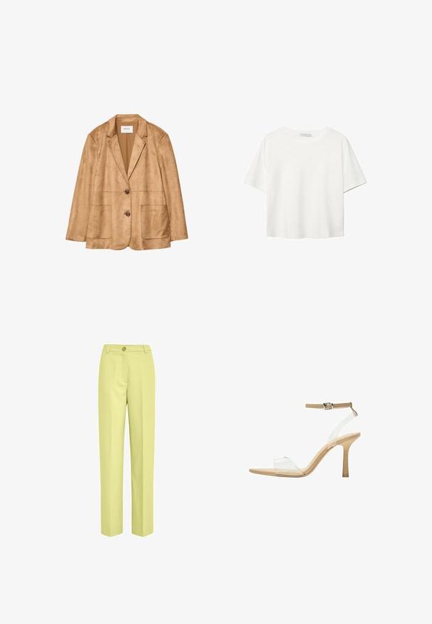 Lysbrun ruskindsblazer med to forreste knapper, klassisk revers og to store påsatte lommer, præsenteret på en hvid baggrund.; Hvid kortærmet t-shirt lavet af bomuld. Har en rund halsudskæring og en afslappet pasform. Glat tekstur uden synlige mønstre eller detaljer.; Lys gule bukser med brede ben lavet af glat stof, med en enkelt knaplukning og flad frontdesign.; Klart hælet sandal med en gennemsigtig overdel, beige fodseng og en slank ankelrem. Har en spids tå og en tynd høj hæl.