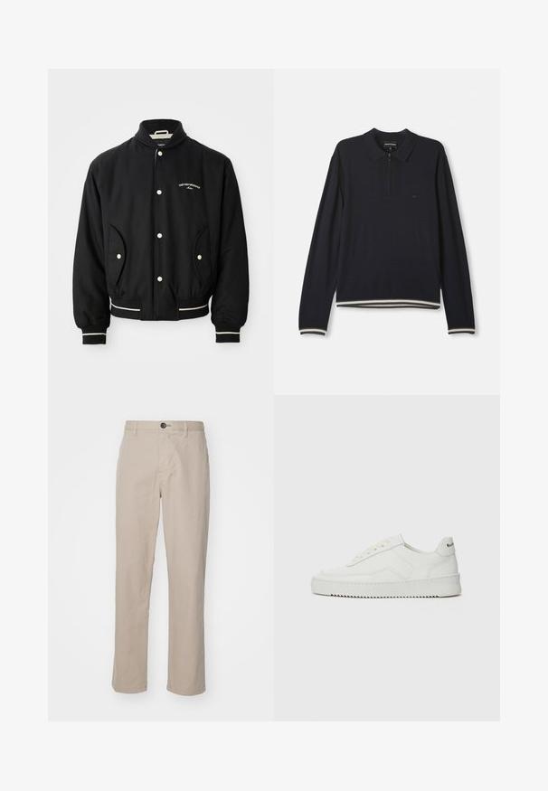 Melns bumbieru apvalks ar ribotu apkakli, pogu aizdari, divām sānu kabatām un baltām svītrām pie piedurknēm un apakšmalas.; Jūras spēku tumši zils garās piedurknes polo džemperis ar pusi rāvējslēdzēja, ribotām aprocēm, svītrotu apakšmali un mazu izšutu logotipu krūtīs.; Bežīgas taisnās kājas bikses no viegla auduma, ar pogu aizdari un smalkiem šuvēm. Plakana priekšpuse ar sānu kabatām.; Baltas ādas sneakers ar gludu virsmu, apaļu pirkstu daļu, plakaniem šņorēm un teksturētu zoli. Satur diskrētu logotipu uz papēža.